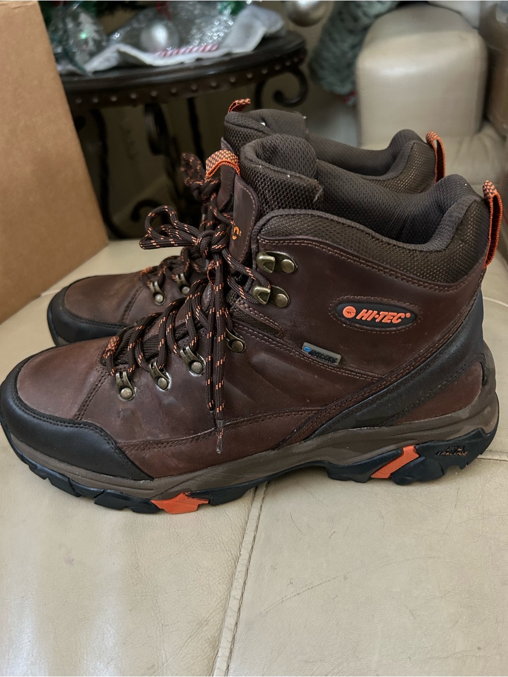 Hi-Tec Men's Brown Waterproof Hiking/ Work Boots with Orange Accents